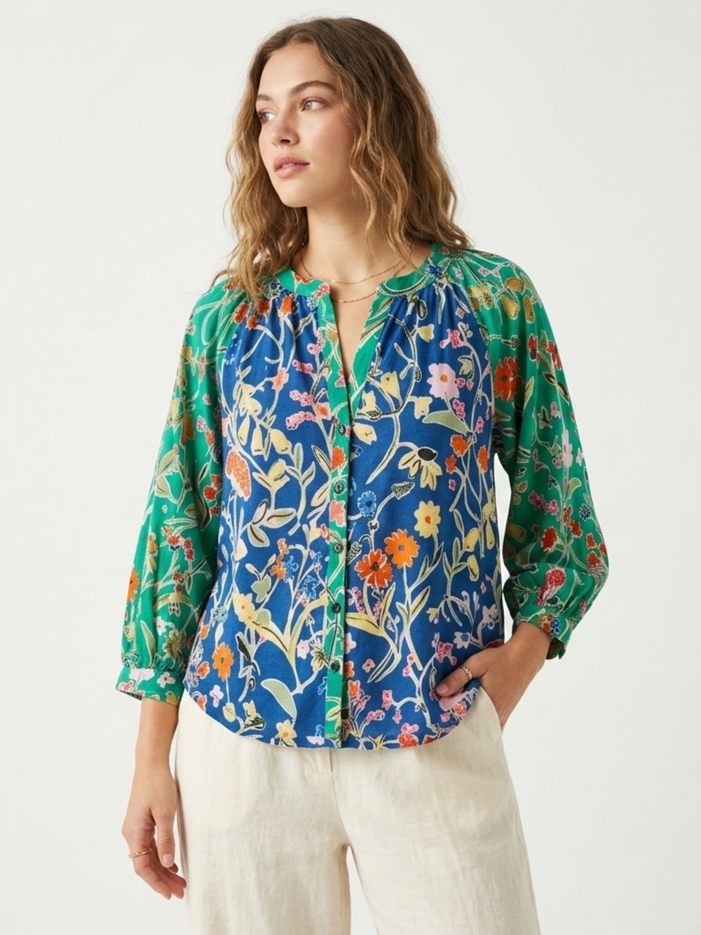 Loved By Anthro Boho Floral Mixed Print Raglan Blouse XS